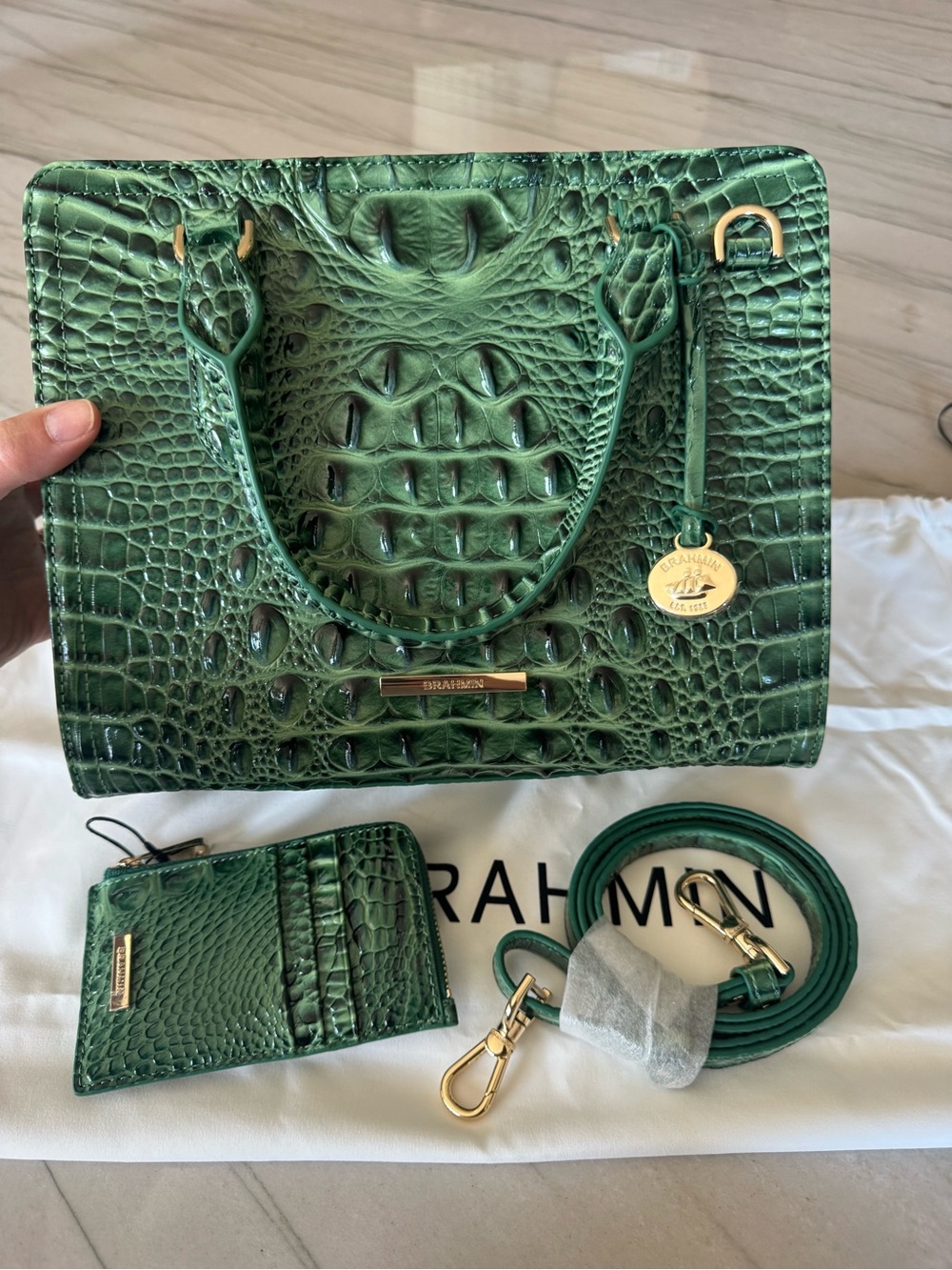 Brahmin Emerald Green Croc-Embossed Satchel with Card Case Wallet